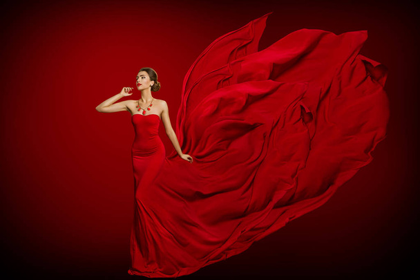 Fashion Model Red Flaming Dress, Woman in Long Fluttering Gown - 写真・画像
