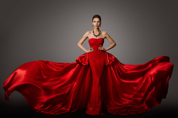 Fashion Model Red Dress, Woman in Long Fluttering Waving Gown - Valokuva, kuva