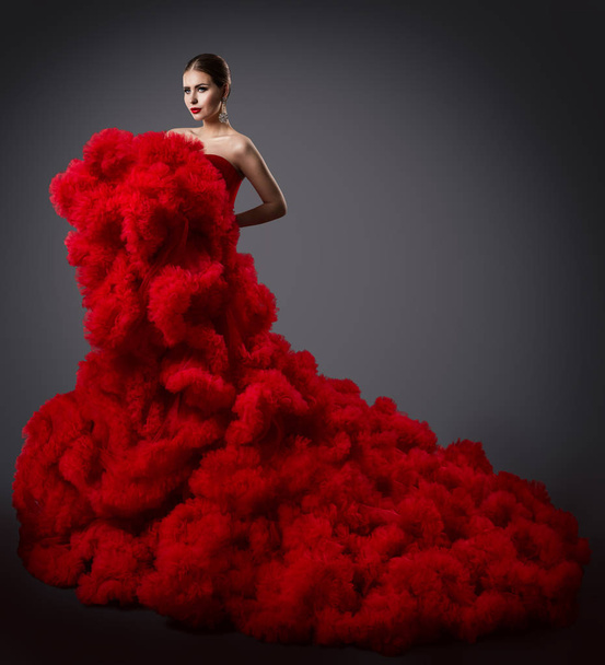 Woman in Red Ruching Dress, Fashion Model Long Fluffy Waving Gown - Photo, Image