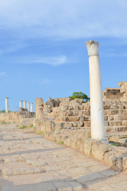 Úžasné Korinské sloupy zachycených na vertikálním obrazu se starožitnými zříceninami na pozadí a modrou oblohou nad nimi. V Salamis, na Severním Kypru. Salamis byla známá Starověká řecká státní metropole - Fotografie, Obrázek