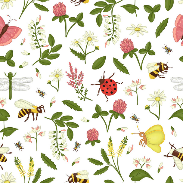 Vektor nahtlose Muster von Wildblumen, Biene, Hummel, Drache - Vektor, Bild