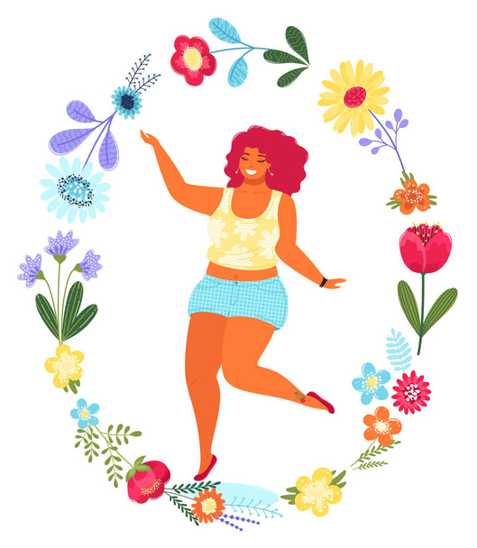 Vector template with happy woman in the flower circle. Modern flat colorful vector illustration. Young pretty girl surrounded by flowers isolated on white background. - Vektör, Görsel