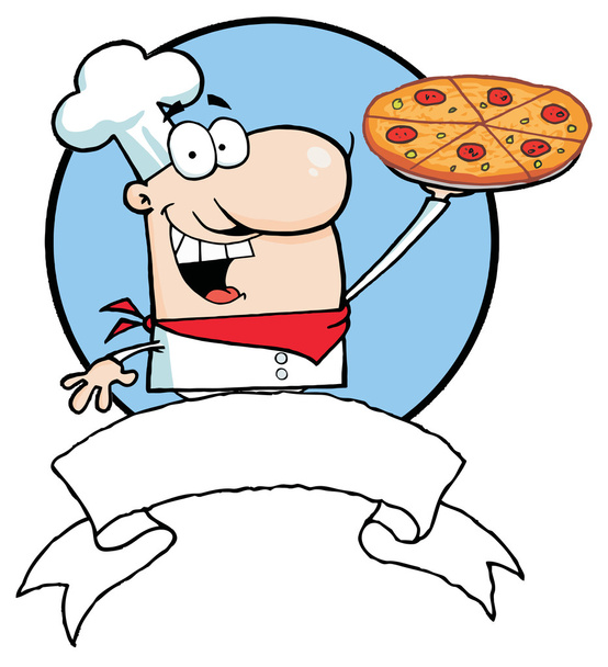 περήφανοι σεφ κινουμένων σχεδίων που κρατά ψηλά πίτσα - Φωτογραφία, εικόνα