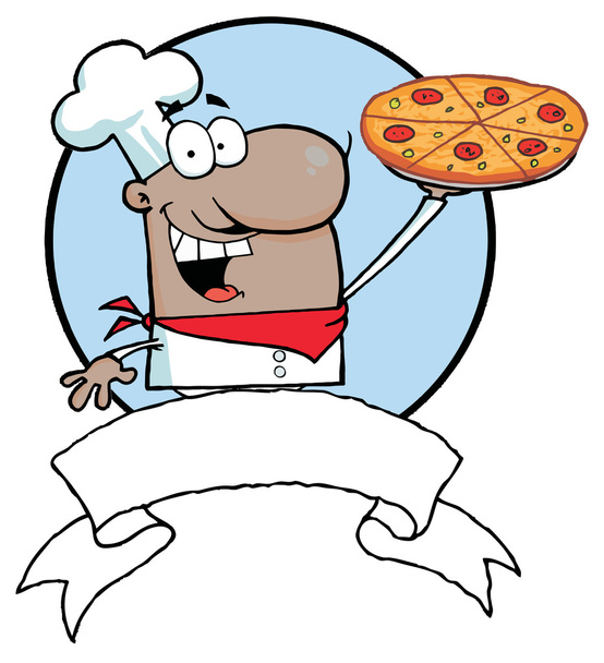 Cartoon afro-americano orgoglioso chef regge la pizza
 - Foto, immagini