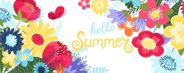 Bonjour vecteur de fond d'été avec des fleurs et un papillon. Illustration vectorielle avec texte dessiné à la main et fleurs dans un style plat isolé sur fond blanc
. - Vecteur, image