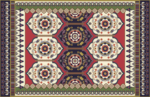 Πολύχρωμο διακοσμητικό διανυσματικό σχεδιασμό για χαλί, χαλί, TAPIS. Περσικό χαλί, ύφασμα. Γεωμετρικό floral φόντο. Αραβικό στολίδι με διακοσμητικά στοιχεία. Τουρκικό χαλί με Λαογραφικό εθνικό στολίδι - Διάνυσμα, εικόνα
