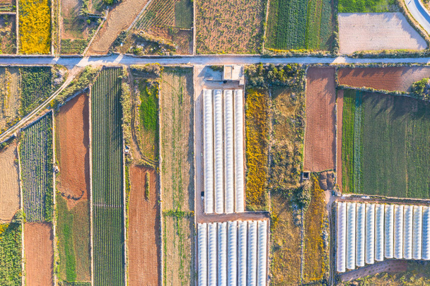 Letecký pohled na různé obory plodin a skleníků. - Fotografie, Obrázek