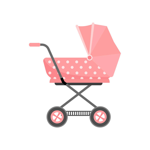 Retro red color baby stroller with dotted textile material - Διάνυσμα, εικόνα
