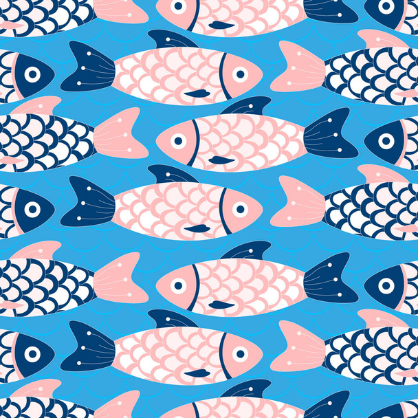 Pink and blue fish on the background of waves. Seamless pattern. - Vetor, Imagem