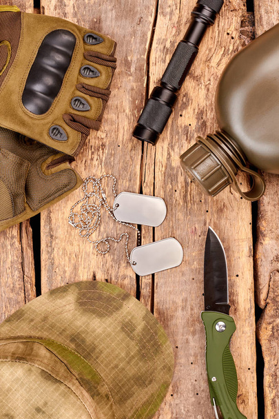Mililtary essentials for war flat lay. - Foto, Bild