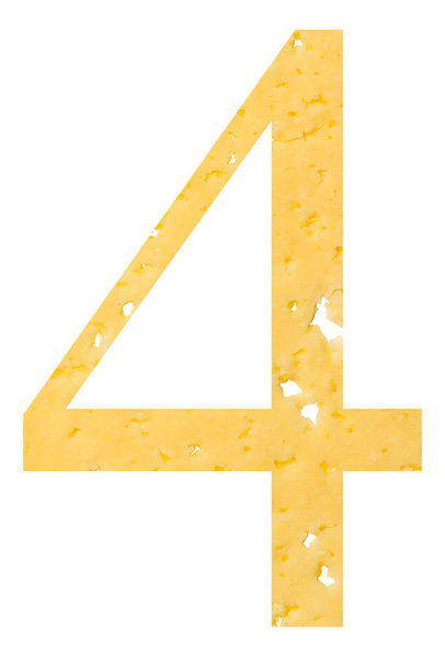 The figure "4" of cheese with holes on a white isolated background, a symbol of proper nutrition and education. - Fotó, kép