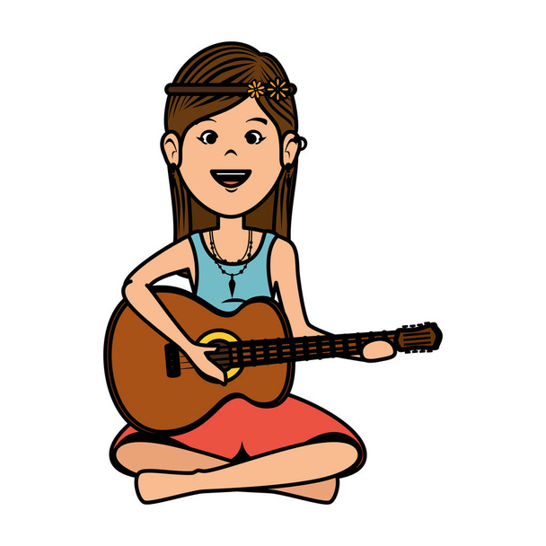 gitar karakteri oynayan hippi kadın - Vektör, Görsel