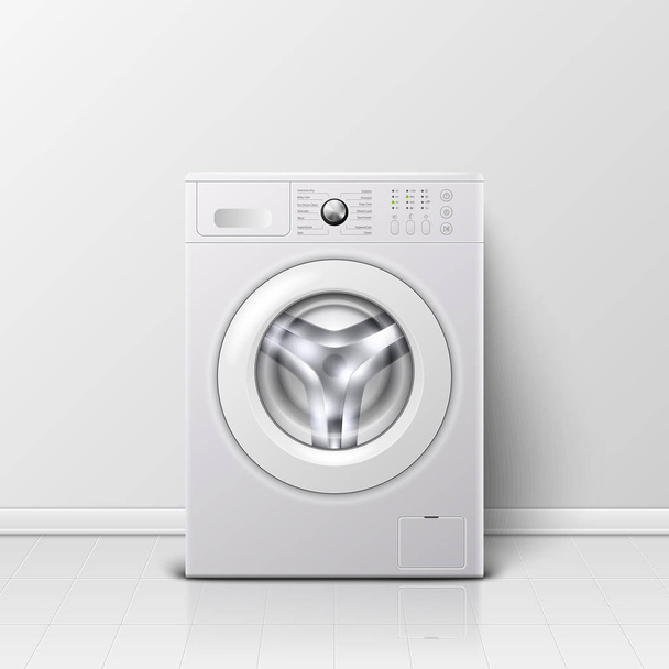 Vector Background with 3d Realistic Modern White Steel Washing Machine Closeup. Background. Design Template of Wacher. Front View, Laundry Concept - Vektor, obrázek