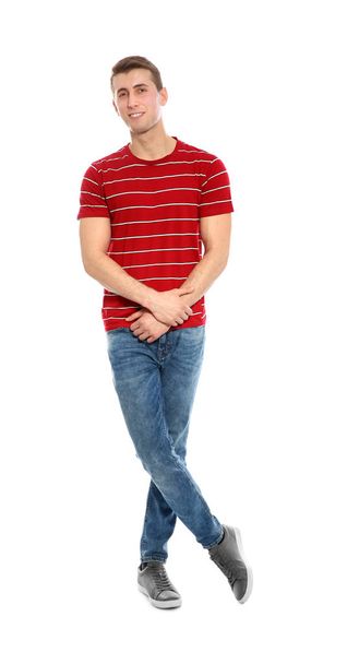 Full length portrait of young man in stylish clothes on white background - Photo, image