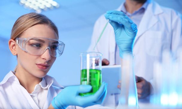 Female scientist working with sample in modern chemistry laboratory - Photo, image