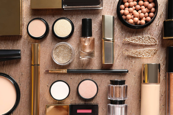 Set of luxury makeup products on color background, flat lay - 写真・画像