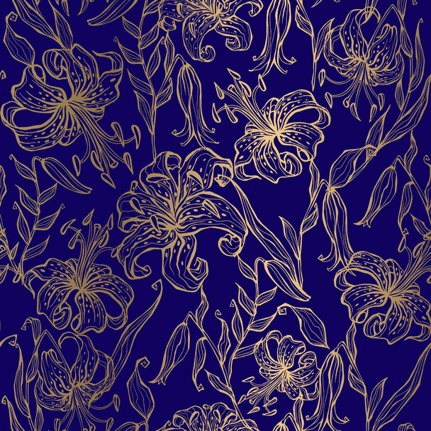 Golden lilies on a dark blue background. Seamless pattern. Vector. - Vetor, Imagem