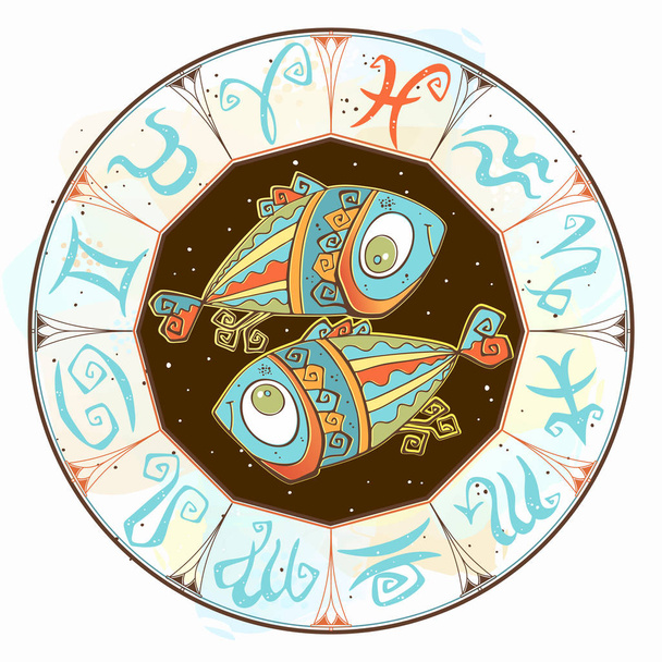 Horoscope for children sign Pisces in the zodiac circle. Vector. - Vector, Image