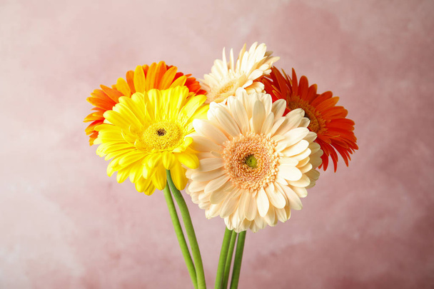 Bouquet of beautiful bright gerbera flowers on color background - Fotoğraf, Görsel