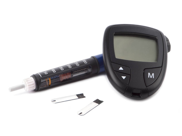 Insulinstift mit Glukosemessgerät und Teststreifen - Foto, Bild