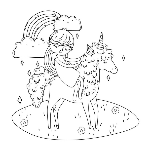 hermoso unicornio con princesa en el paisaje
 - Vector, imagen