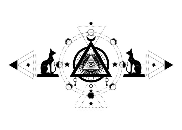 Mystical drawing: the third eye, all-seeing eye, circle of a moon phase. Sacred geometry and Egyptian cats Bastet ancient Egypt goddess. Vector isolated for print, poster, t-shirt, card, tattoo symbol - Vector, Image