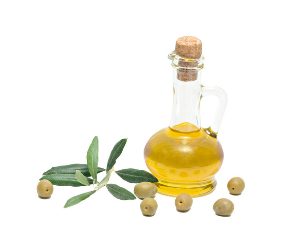 Bottle of olive oil and olive fruits - Foto, Imagem