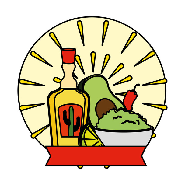 tequila bottle with guacamole and chili pepper - Vector, Image