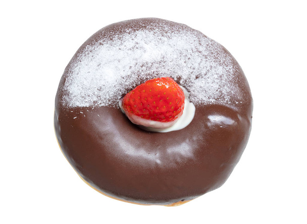 Chocolate donut with strawberry isolated on white background - Photo, Image