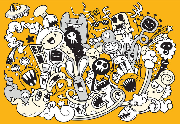 Векторная иллюстрация Doodle cute Monster background, Ручная ничья
 - Вектор,изображение