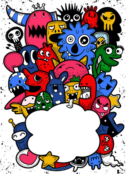 Ilustración vectorial de Doodle lindo Monster fondo, Dibujo a mano
 - Vector, Imagen