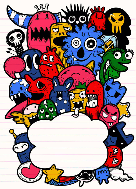 Ilustración vectorial de Doodle lindo Monster fondo, Dibujo a mano
 - Vector, Imagen