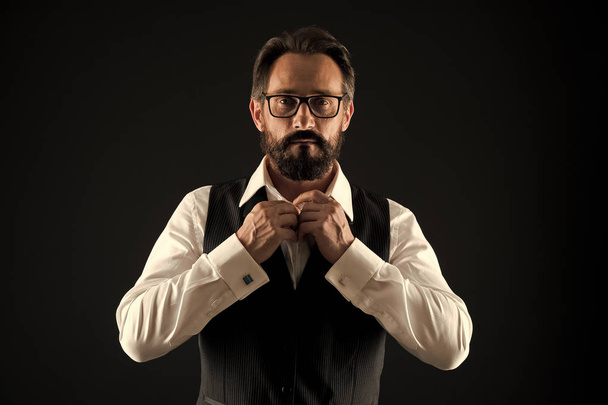 Caucasian concept. Caucasian man button shirt. Caucasian man with beard and mustache. Bearded caucasian businessman. Everything should be perfect - Foto, afbeelding
