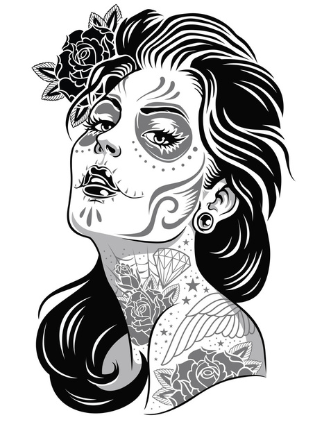 Day of dead girl black and white illustration - Vector, Image