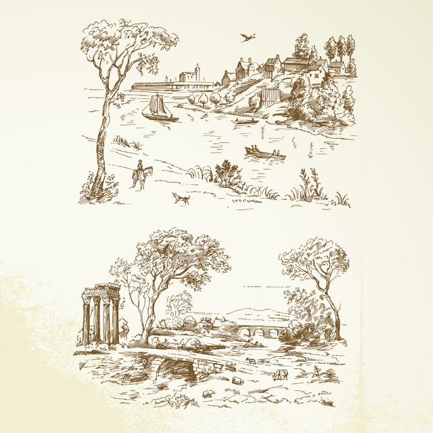 romanttinen maisema - käsin piirretty kokoelma
 - Vektori, kuva