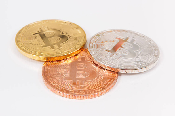 Bitcoin, cryptocurrency coins on white background, modern finance concept - Foto, Imagem