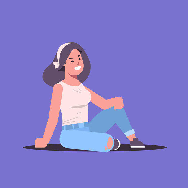 young woman in casual clothes smiling female cartoon character girl sitting posing on violet background flat full length - Vektor, Bild