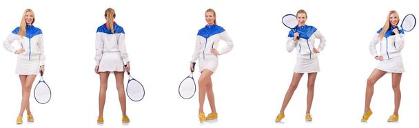 Mladá krásná dáma hraje tenis izolované na bílém  - Fotografie, Obrázek