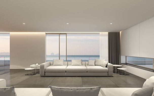 Perspectiva da moderna sala de estar de luxo com mesa de jantar de madeira e sofá branco no fundo vista mar, Idéia de férias em família - design de interiores quente - renderização 3D
. - Foto, Imagem