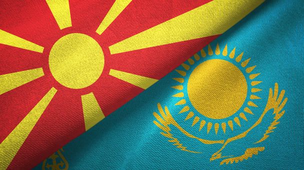 North Macedonia and Kazakhstan two flags textile cloth, fabric texture - Photo, Image