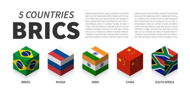 Drapeau BRICS. Association de 5 pays. Conception supérieure isométrique cubique 3D. Vecteur
 . - Vecteur, image