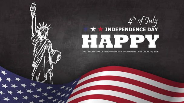 4ο Ιουλίου ευτυχισμένη ημέρα ανεξαρτησίας της Αμερικής. Άγαλμα της ελευθερίας σχέδιο σχέδιο με το κείμενο και κουνώντας την αμερικάνικη σημαία στο χαμηλότερο πάνω στην υφή μαυροπίνακα. Διάνυσμα . - Διάνυσμα, εικόνα
