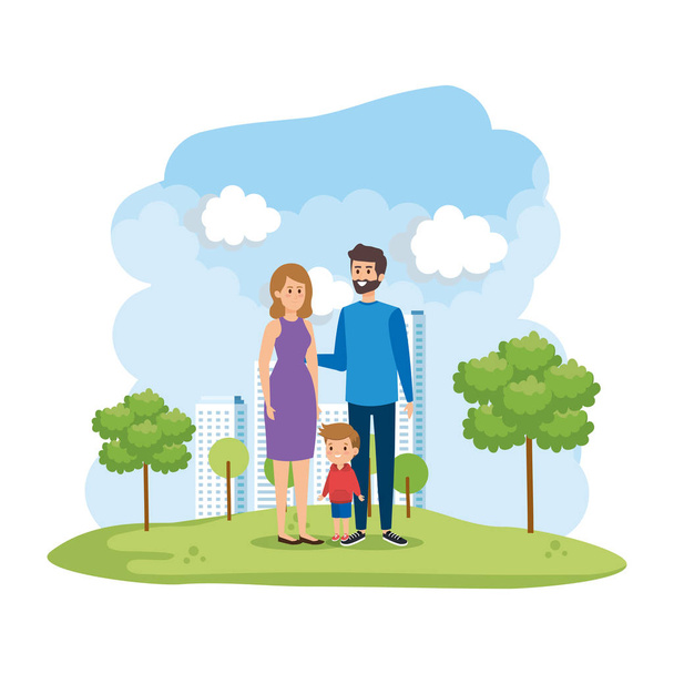 parents couple with son in the park scene - Vector, Image