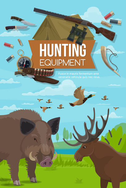 Temporada de caça animais, equipamento de munição caçador
 - Vetor, Imagem
