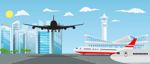 Letištní budova a letadla s pěknou citronyní na pozadí. Vektorová ilustrace. - Vektor, obrázek