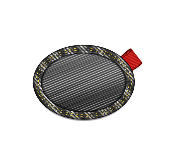 schwarzer Jeansstoff ovales Abzeichen mit rotem Schleifenanhänger - Vektor, Bild
