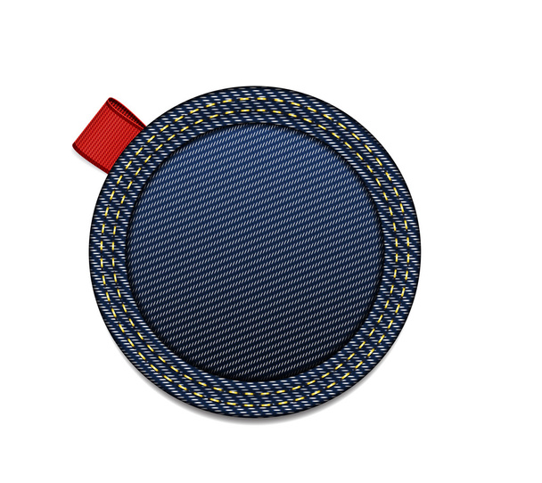 Vector round blue denim fabric badge with a red ribbon tag - Διάνυσμα, εικόνα
