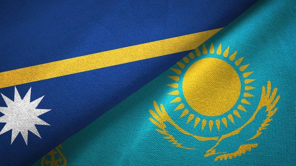 Nauru ve Kazakistan iki bayrak tekstil kumaş, kumaş doku - Fotoğraf, Görsel