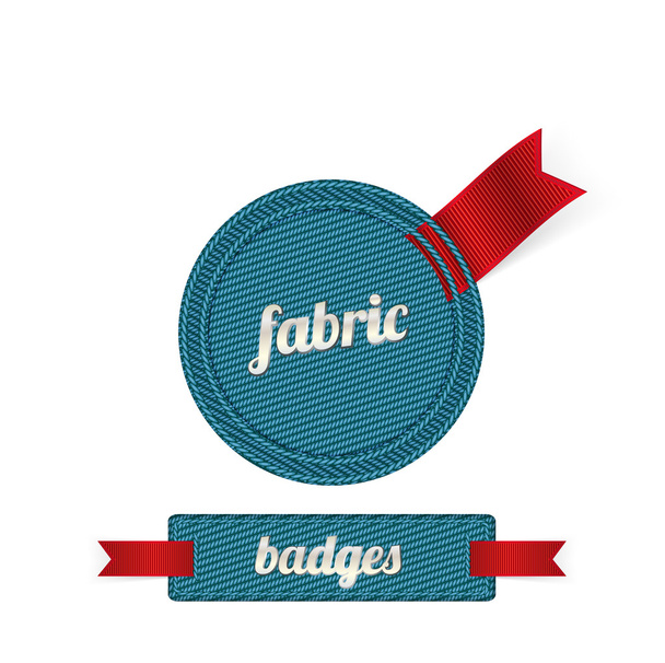 Blue vector fabric badges with red ribbons - Vector, imagen