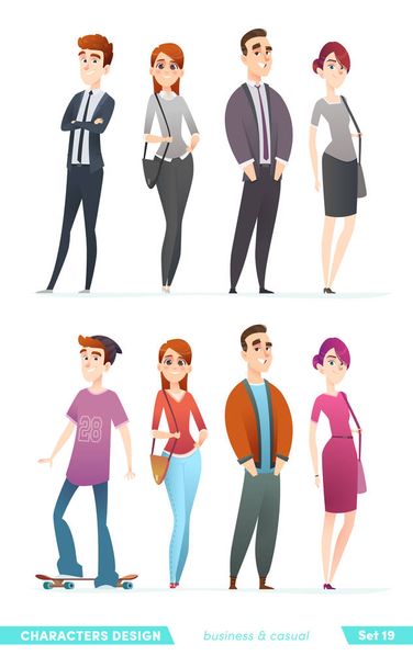 Menschen in zwei unterschiedlichen Kleidungsstilen. Charakter-Design-Kollektion in Business- und Freizeitbekleidung. - Vektor, Bild